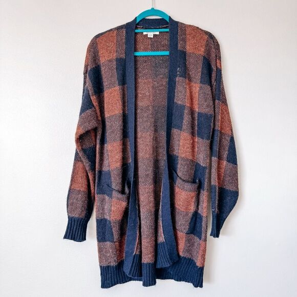 American Eagle Rust Plaid Soft Knit Open Front Cardigan Size XS - Picture 1 of 7
